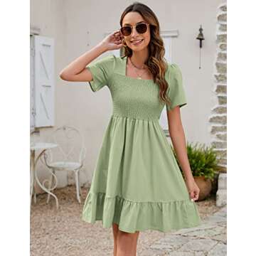 Qirno Women Summer Casual Chiffon Short Flutter Sleeve Dress Ruffle Tiered A Line Flowy Mini Beach Dresses (Grass Green, M)