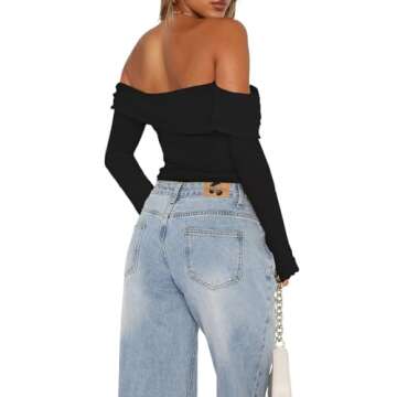 Goafuliy Black Off The Shoulder Tops for Women Long Sleeve Crop Blouses Twist Front Lettuce Trim Y2K...