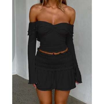 Goafuliy Black Off The Shoulder Tops for Women Long Sleeve Crop Blouses Twist Front Lettuce Trim Y2K Going Out Shirts S