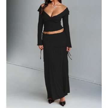 Goafuliy Black Off The Shoulder Tops for Women Long Sleeve Crop Blouses Twist Front Lettuce Trim Y2K Going Out Shirts S