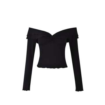 Goafuliy Black Off The Shoulder Tops for Women Long Sleeve Crop Blouses Twist Front Lettuce Trim Y2K Going Out Shirts S