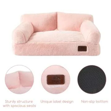 Hollypet Fluffy Plush Pet Cat Couch Soft Calming Pet Sofa Beds for Medium Small Cats and Dogs, Pink