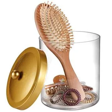 SheeChung Premium Quality Apothecary Jar - 50 Ounce Large Clear Plastic Container Canister with Rust Proof Stainless Steel Lid, Laundry/Kitchen/Bathroom Vanity Countertop Storage Organizer (Gold)