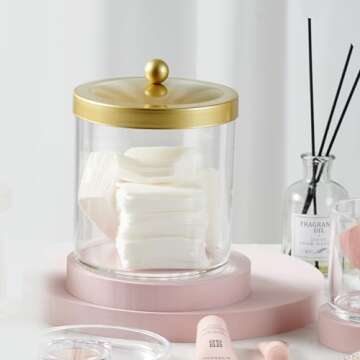 SheeChung Premium Quality Apothecary Jar - 50 Ounce Large Clear Plastic Container Canister with Rust Proof Stainless Steel Lid, Laundry/Kitchen/Bathroom Vanity Countertop Storage Organizer (Gold)