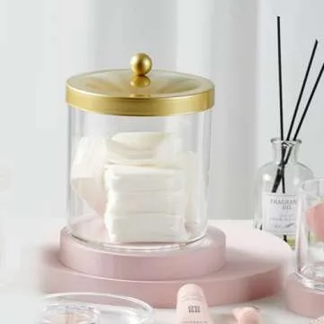 SheeChung Premium Quality Apothecary Jar - 50 Ounce Large Clear Plastic Container Canister with Rust Proof Stainless Steel Lid, Laundry/Kitchen/Bathroom Vanity Countertop Storage Organizer (Gold)