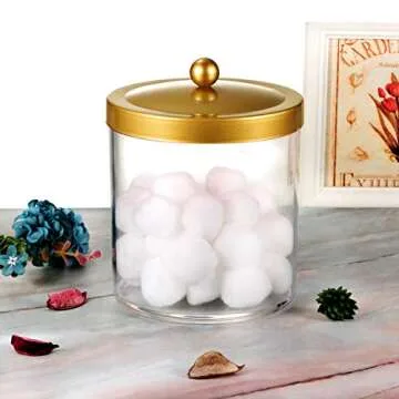 SheeChung Premium Quality Apothecary Jar - 50 Ounce Large Clear Plastic Container Canister with Rust Proof Stainless Steel Lid, Laundry/Kitchen/Bathroom Vanity Countertop Storage Organizer (Gold)