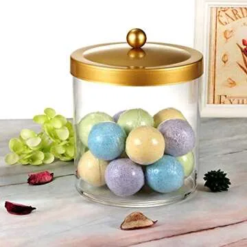 SheeChung Premium Quality Apothecary Jar - 50 Ounce Large Clear Plastic Container Canister with Rust Proof Stainless Steel Lid, Laundry/Kitchen/Bathroom Vanity Countertop Storage Organizer (Gold)