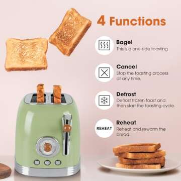 CROWNFUL 2-Slice Toaster, Extra Wide Slots Toaster, Retro Stainless Steel with Bagel, Cancel, Defrost, Reheat Function and 6-Shade Settings, Removal Crumb Tray, Green