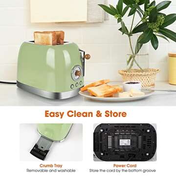 CROWNFUL 2-Slice Toaster, Extra Wide Slots Toaster, Retro Stainless Steel with Bagel, Cancel, Defrost, Reheat Function and 6-Shade Settings, Removal Crumb Tray, Green