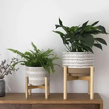 LA Jolie Muse Large Ceramic Plant Pot with Stand - 9.4 Inch Modern Cylinder Indoor Planter with Drainage Hole for Snake Plants, Fiddle Fig Tree, Artificial Plants, Sandy Beige & White