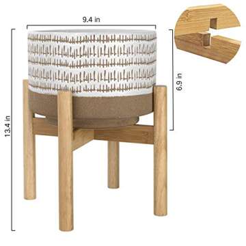 LA Jolie Muse Large Ceramic Plant Pot with Stand - 9.4 Inch Modern Cylinder Indoor Planter with Drainage Hole for Snake Plants, Fiddle Fig Tree, Artificial Plants, Sandy Beige & White