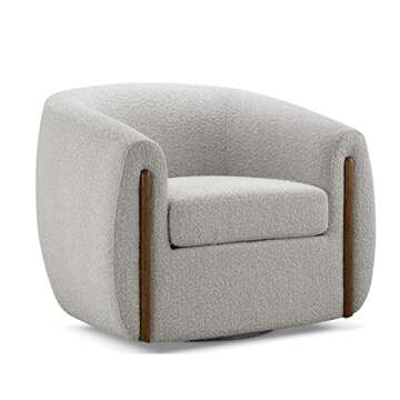 CHERS Aspen Swivel Accent Chair with Wood Accents, Bouclé Upholstered Armchair for Living Room, 360° Swivel Barrel Chair with High-Density Cozy Foam Cushioning, Modern Design, Off-White