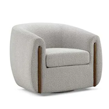 CHERS Aspen Swivel Accent Chair with Wood Accents, Bouclé Upholstered Armchair for Living Room, 360° Swivel Barrel Chair with High-Density Cozy Foam Cushioning, Modern Design, Off-White