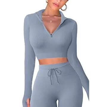 QINSEN Long Sleeve Workout Tops For Women 2 Piece GMY Yoga Outfits Seamless Sport Running Active Wear Leggings Sets Grey M