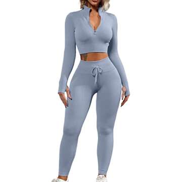 QINSEN Long Sleeve Workout Tops For Women 2 Piece GMY Yoga Outfits Seamless Sport Running Active Wear Leggings Sets Grey M