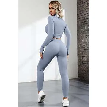 QINSEN Long Sleeve Workout Tops For Women 2 Piece GMY Yoga Outfits Seamless Sport Running Active Wear Leggings Sets Grey M