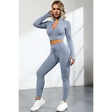 QINSEN Long Sleeve Workout Tops For Women 2 Piece GMY Yoga Outfits Seamless Sport Running Active Wear Leggings Sets Grey M