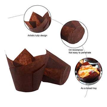 BAKHUK 200pcs Tulip Cupcake Liners, Cupcake Liners, Muffin Baking Liners Holders, Brown, White and Nature Color