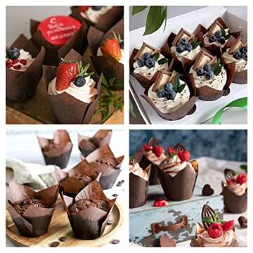 BAKHUK 200pcs Tulip Cupcake Liners, Cupcake Liners, Muffin Baking Liners Holders, Brown, White and Nature Color