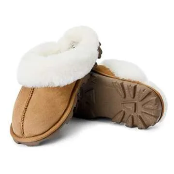 WaySoft Genuine Australian Sheepskin Women Slippers, 100% Shearling Hard Bottom Slippers for Women Indoor and Outdoor Warm Fuzzy Wool Slippers
