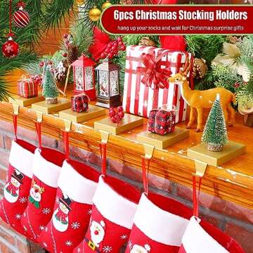 Zonon 4 Pcs Christmas Gold Stocking Holders Metal Stocking Hangers for Mantle Christmas Stocking Han...