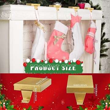 Zonon 4 Pcs Christmas Gold Stocking Holders Metal Stocking Hangers for Mantle Christmas Stocking Hanging Hooks Stocking Holder for Holiday Xmas Fireplace Stair Indoor Decor