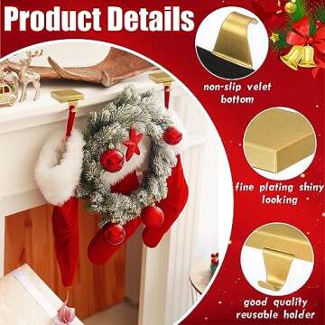 Zonon 4 Pcs Christmas Gold Stocking Holders Metal Stocking Hangers for Mantle Christmas Stocking Hanging Hooks Stocking Holder for Holiday Xmas Fireplace Stair Indoor Decor