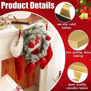 Zonon 4 Pcs Christmas Gold Stocking Holders Metal Stocking Hangers for Mantle Christmas Stocking Hanging Hooks Stocking Holder for Holiday Xmas Fireplace Stair Indoor Decor