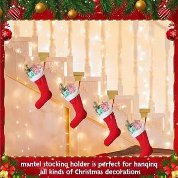 Zonon 4 Pcs Christmas Gold Stocking Holders Metal Stocking Hangers for Mantle Christmas Stocking Hanging Hooks Stocking Holder for Holiday Xmas Fireplace Stair Indoor Decor