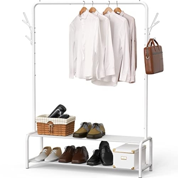 Sturdy White Garment Rack with Storage Shelves & Hooks - Space Saver