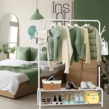 White Garment Rack with Storage Shelves & Hooks