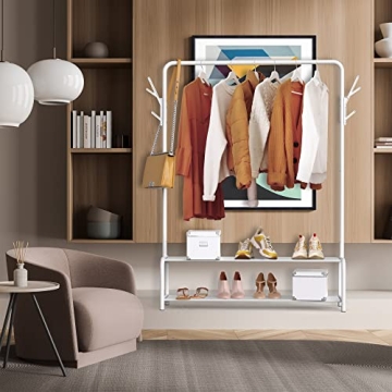 White Garment Rack with Storage Shelves & Hooks