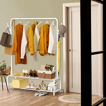White Garment Rack with Storage Shelves & Hooks