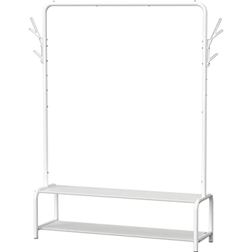 White Garment Rack with Storage Shelves & Hooks