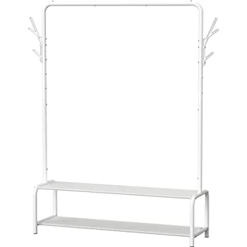White Garment Rack with Storage Shelves & Hooks