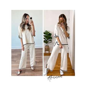 Athlisan Womens Knit Two Piece Outfits Sweater Sets Short Sleeve Pullover Tops Wide Leg Elastic Waist Pants Loungewear(Apricot-M)