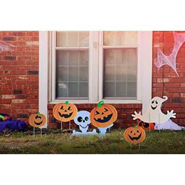 Halloween Decorations Themed 6 Piece Family Friendly Yard Decoration Signs, Including 4 Pumpkins, 1 Ghost, 1 Skeleton - Trick or Treat Happy Halloween Yard Signs for Outdoor Decor with Metal Stakes