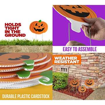 Halloween Decorations Themed 6 Piece Family Friendly Yard Decoration Signs, Including 4 Pumpkins, 1 Ghost, 1 Skeleton - Trick or Treat Happy Halloween Yard Signs for Outdoor Decor with Metal Stakes