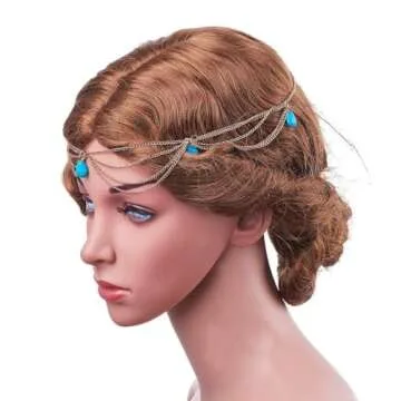 PH PandaHall Turquoise Head Chain, Unique Jewelry Headband Boho Tassel Chain Hair Band Party Headpiece Festival Prom Wedding Headband for Women Headpiece Arabian