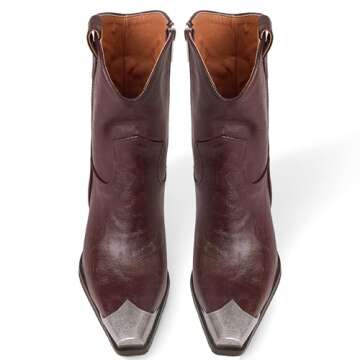 HoanTiai Womens Western Ankle Boots Engraved Metal Toe Cowgirl Booties Stacked Block Heeled Cowboy Boots Fashion Western Party Heeled Shoes