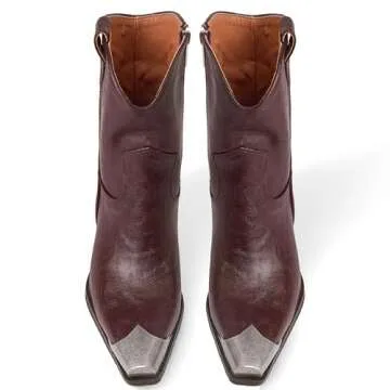 HoanTiai Womens Western Ankle Boots Engraved Metal Toe Cowgirl Booties Stacked Block Heeled Cowboy Boots Fashion Western Party Heeled Shoes