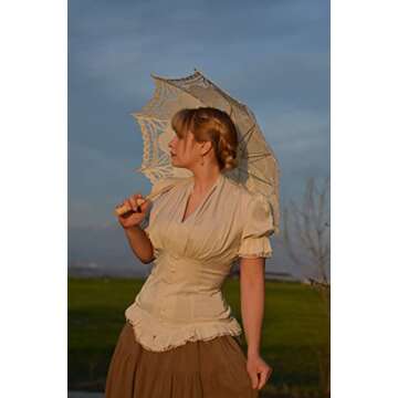 Women Victorian Vintage Shirt V Neck Shirt Ruffle Short Sleeve Peplum Shirt Beige L