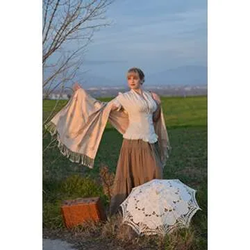 Women Victorian Vintage Shirt V Neck Shirt Ruffle Short Sleeve Peplum Shirt Beige L