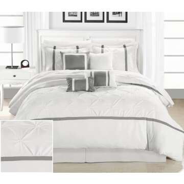 Chic Home White Bed in a Bag Comforter Set, Queen Size (8 Piece), Vermont - Pinch Pleat Microfiber B...