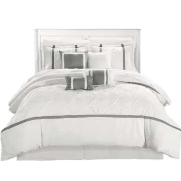 Chic Home White Bed in a Bag Comforter Set, Queen Size (8 Piece), Vermont - Pinch Pleat Microfiber Bedding - Comforter, Shams, Bed Skirt, Cushions and Breakfast Pillow