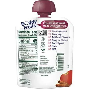 Buddy Fruits Snacks To Go Cinnamon Unsweetened Applesauce 3.2oz Pouch (18pk) Gluten-Nut-Dairy-Preser...
