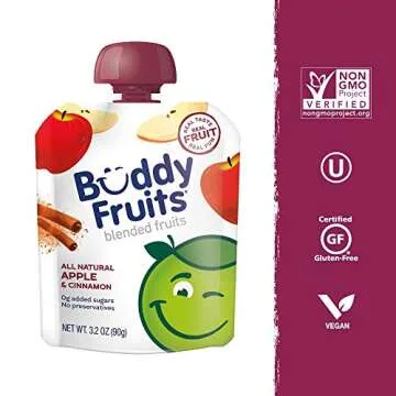 Buddy Fruits Snacks To Go Cinnamon Unsweetened Applesauce 3.2oz Pouch (18pk) Gluten-Nut-Dairy-Preservatives-BPA Free, Non GMO, Kosher