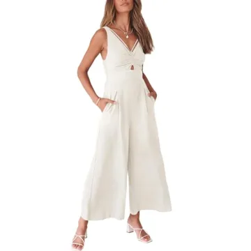 ANRABESS Women's Summer Wide Leg Linen Jumpsuits Dressy V Neck Sleeveless Casual Pants Rompers 2025 ...