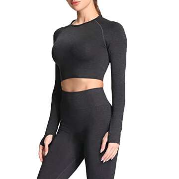 Aoxjox Long Sleeve Crop Tops for Women Vital Workout Seamless Cropped T Shirt Top (Vital Black Marl, Small)