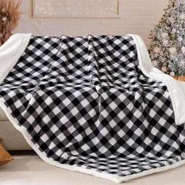 BEAUTEX Sherpa Fleece Flannel Throw Blanket, Super Soft Warm Buffalo Plaid Plush Blankets and Throws, Lightweight Cozy Fuzzy Blanket for Couch Sofa Bed (Black, Throw 50" x 60")